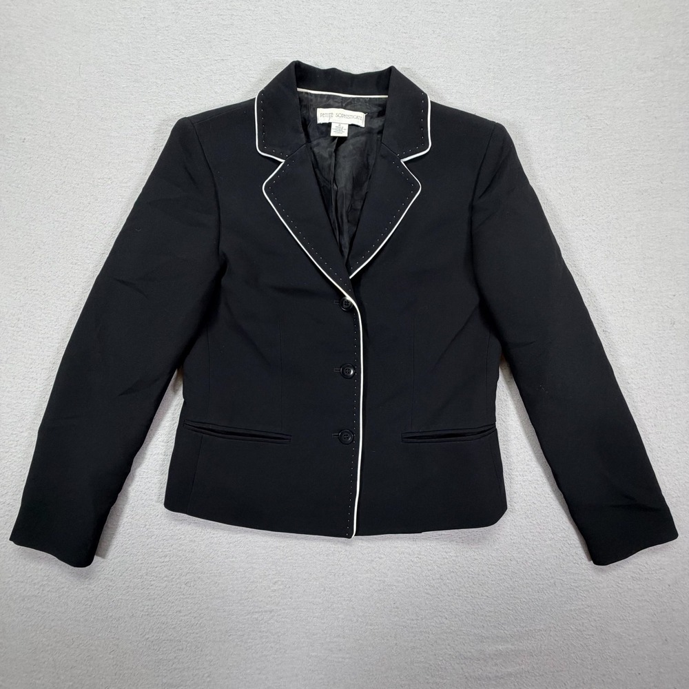 Petite Sophisticate Women Blazer Regular Black White Piping Studded 2